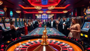Gamblers celebrating wins at a luxurious casino setting inspired by https://rr88.navy/, featuring roulette and slot machines.