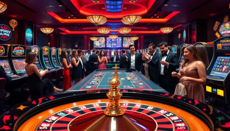 Gamblers celebrating wins at a luxurious casino setting inspired by https://rr88.navy/, featuring roulette and slot machines.