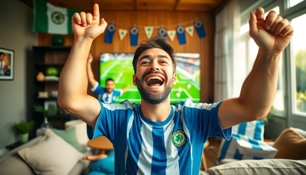 مشجع متحمس يشاهد مباراة koora live لكرة القدم على شاشة كبيرة في غرفة معيشة نابضة بالحياة.