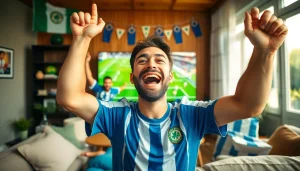 مشجع متحمس يشاهد مباراة koora live لكرة القدم على شاشة كبيرة في غرفة معيشة نابضة بالحياة.