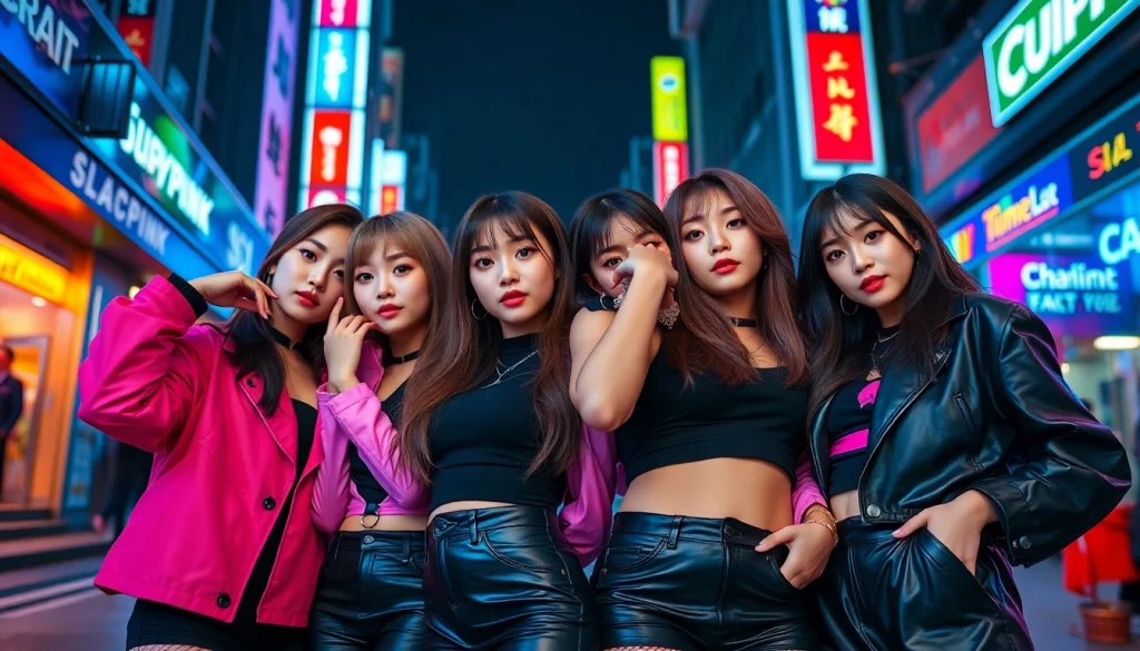 Blackpink members posing in a vibrant urban setting, highlighting their unique styles and personalities.