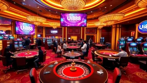 UU88 casino scene featuring players engaged in poker and slot games.