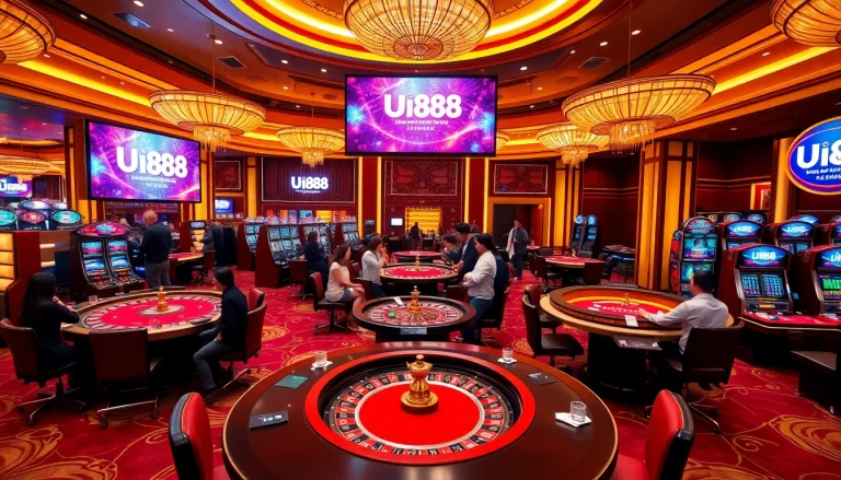UU88 casino scene featuring players engaged in poker and slot games.