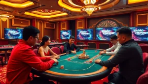Experience Trực tiếp Esport action at a vibrant poker table in a luxurious casino setting.
