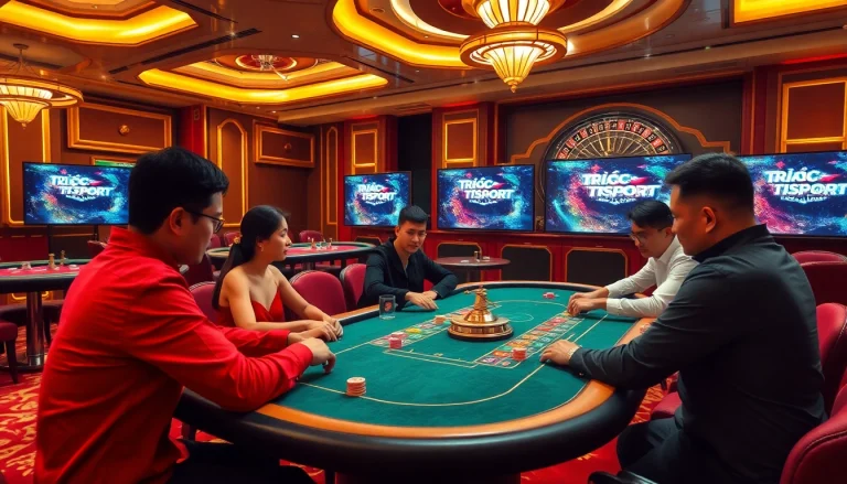 Experience Trực tiếp Esport action at a vibrant poker table in a luxurious casino setting.