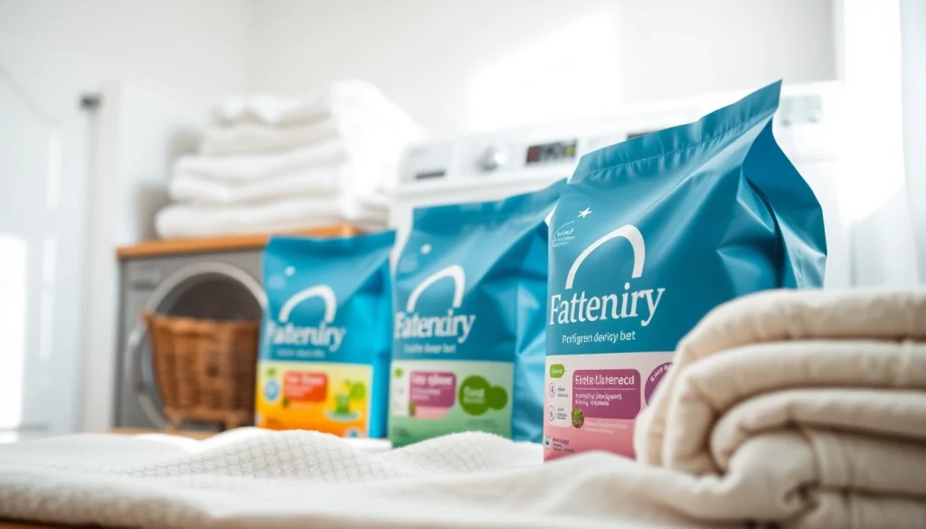 View of eco-friendly detergent bags laundry in a cozy laundry space with clean towels.