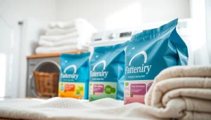 View of eco-friendly detergent bags laundry in a cozy laundry space with clean towels.