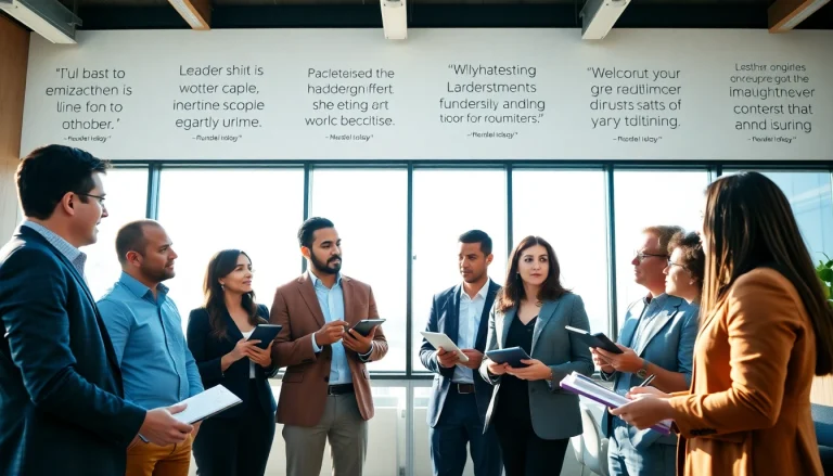 Illustration of diverse leaders exchanging founder leadership insights in a modern office environment.