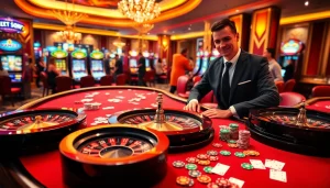 Engaging casino scene at XX88 featuring vibrant roulette, poker chips, and excited players celebrating wins.