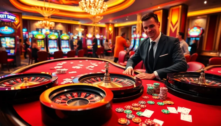 Engaging casino scene at XX88 featuring vibrant roulette, poker chips, and excited players celebrating wins.