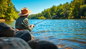 Engaging scene of fly fishing for bass with an angler casting in a serene lake setting.