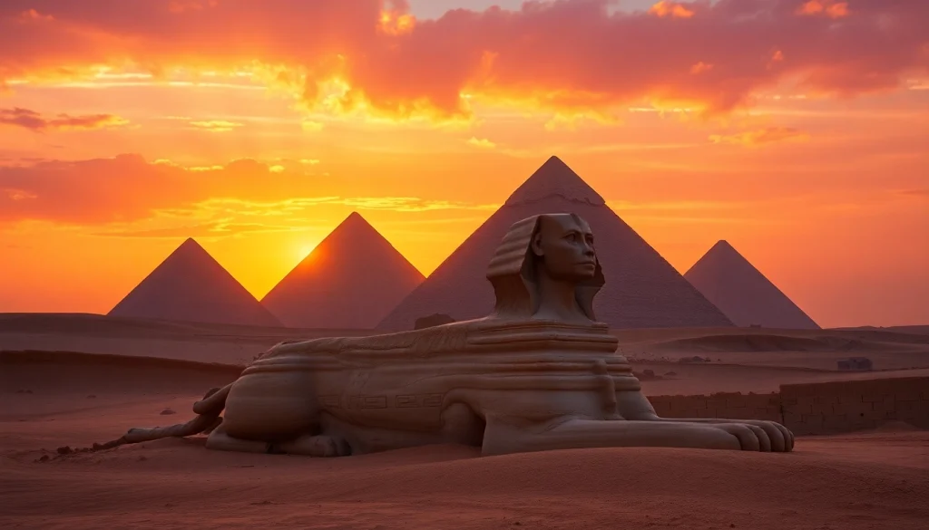 Visitors marvel at the iconic piraminds of Giza against a vibrant sunset backdrop.