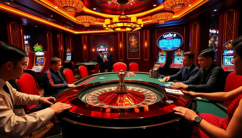 Gambling excitement at luck8 trang chủ with poker players and roulette table action.