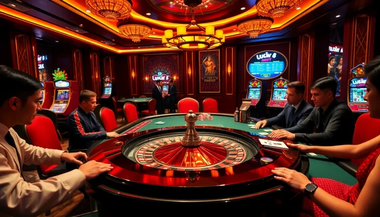 Gambling excitement at luck8 trang chủ with poker players and roulette table action.