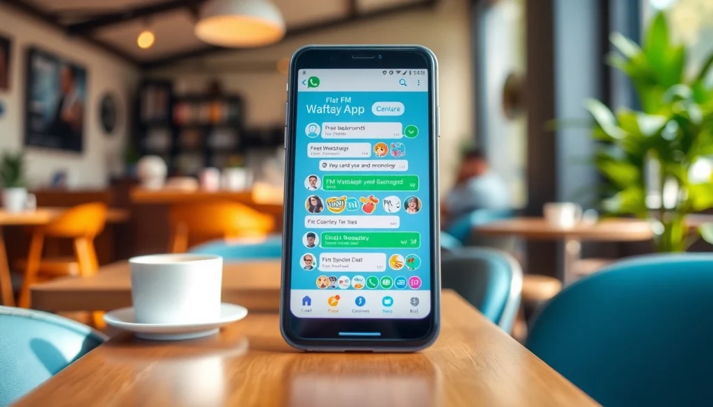 FM WhatsApp interface showcasing vibrant customizations on a smartphone in a cozy café setting.