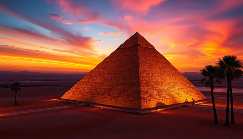 Pyraminds illuminated by sunset, showcasing textured stone facade against a dramatic sky.