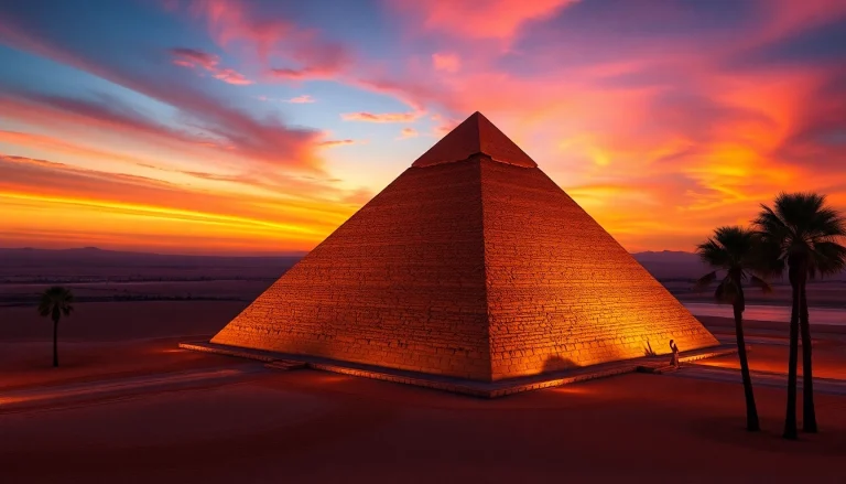 Pyraminds illuminated by sunset, showcasing textured stone facade against a dramatic sky.