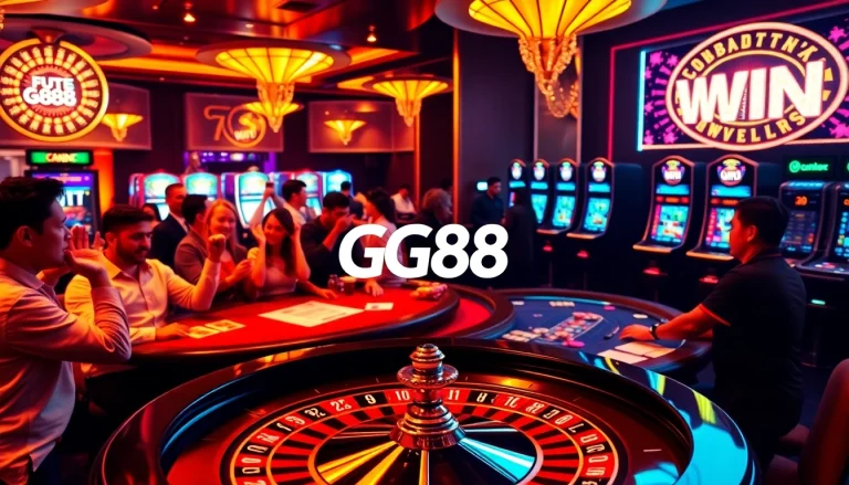 GG88 branded roulette wheel amidst a lively casino scene with excited players and vibrant slot machines.