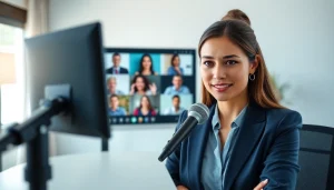 Engage with maeden.com/en through a virtual conference in a modern office setting.