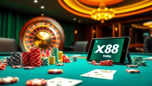 Experience thrilling action at https://xx88.today/ with vibrant casino scenes featuring poker chips and roulette.