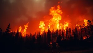 Firefighters combating wildfire events amidst a smoke-filled forest with flames.