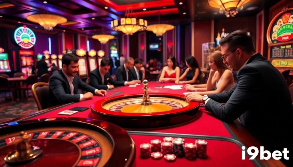 Engage in thrilling i9bet experiences at a luxurious casino with vibrant slot machines and elegant gaming tables.