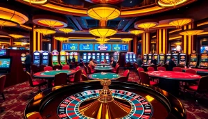 Experience the thrill of gambling at a vibrant casino scene featuring rebahin poker tables and slot machines.