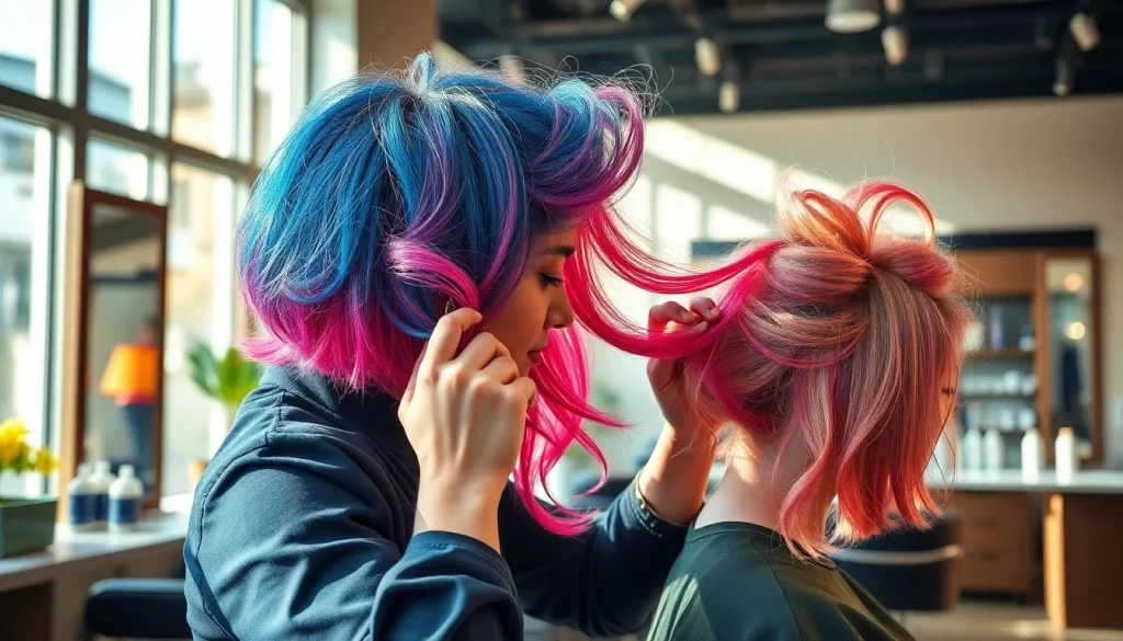 Hairstylist demonstrating coafat bucuresti techniques in a bright, modern salon.