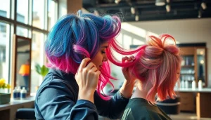 Hairstylist demonstrating coafat bucuresti techniques in a bright, modern salon.