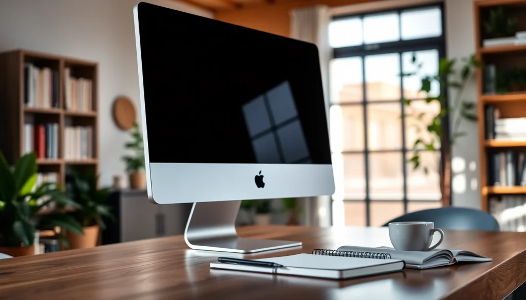 iMac 24 pulgadas en un elegante escritorio de oficina luminosa, destacando por su diseño moderno.