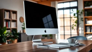 iMac 24 pulgadas en un elegante escritorio de oficina luminosa, destacando por su diseño moderno.