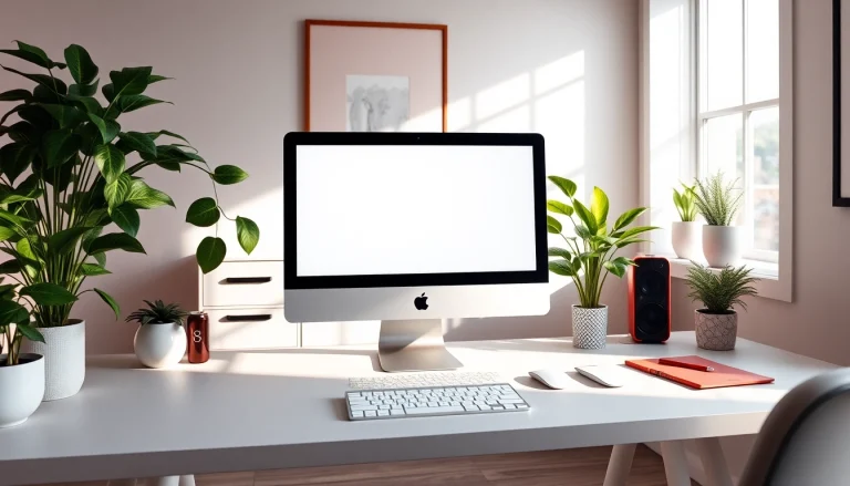 Ver iMac 24 pulgadas en un escritorio moderno, rodeado de plantas en un ambiente cálido.