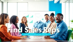 Find sales reps for my business through collaborative teamwork in a bright office environment.