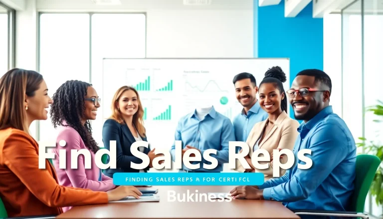 Find sales reps for my business through collaborative teamwork in a bright office environment.