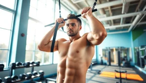 Man using a pull-up assist band in a bright gym for effective strength training.