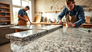 Kitchen Worktops Installation process with craftsmen skillfully cutting and measuring materials.