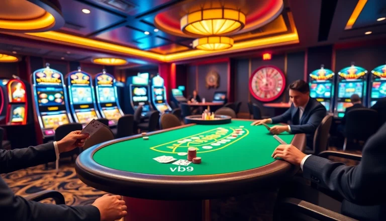 Engaged players strategizing their next move at the vb9 poker table in an elegant casino setting.