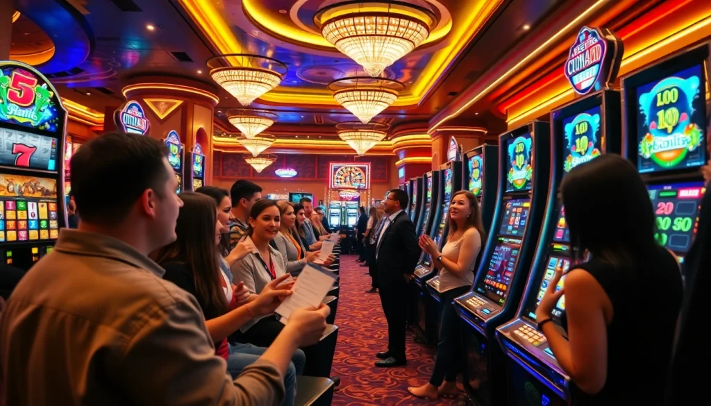 Para pemain menikmati sensasi mesin slot UTAMA4D dengan visual kasino yang berwarna-warni dan tiket taruhan.