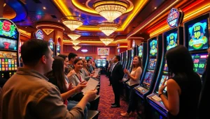 Para pemain menikmati sensasi mesin slot UTAMA4D dengan visual kasino yang berwarna-warni dan tiket taruhan.