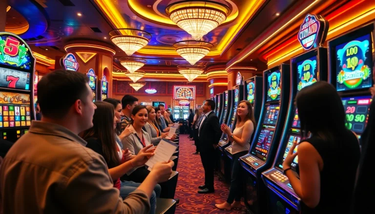 Para pemain menikmati sensasi mesin slot UTAMA4D dengan visual kasino yang berwarna-warni dan tiket taruhan.