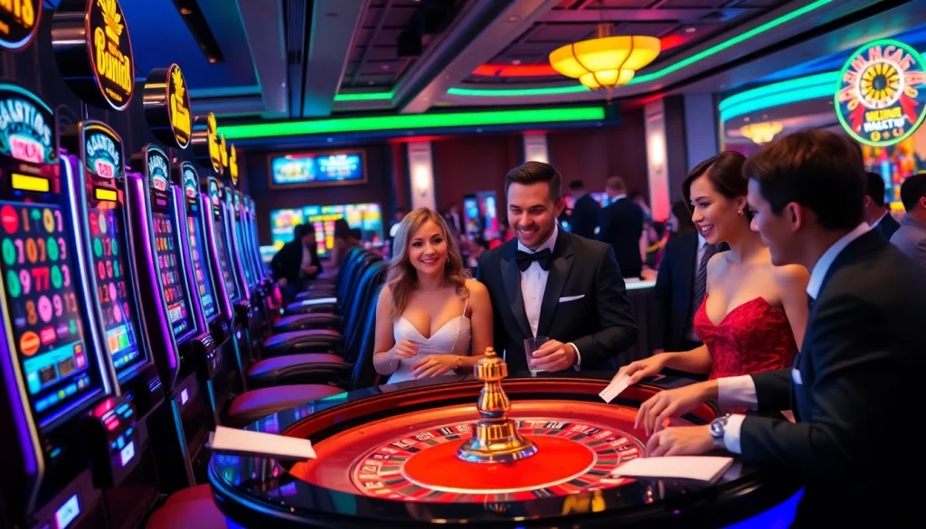 Rasakan kegembiraan taruhan tinggi dengan gameplay slot pulsa di kasino yang ramai, menampilkan pemain dan mesin slot.