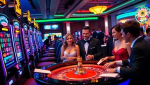 Rasakan kegembiraan taruhan tinggi dengan gameplay slot pulsa di kasino yang ramai, menampilkan pemain dan mesin slot.