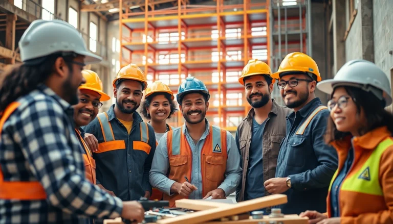 Careers in construction showcase teamwork among diverse professionals at a vibrant building site.