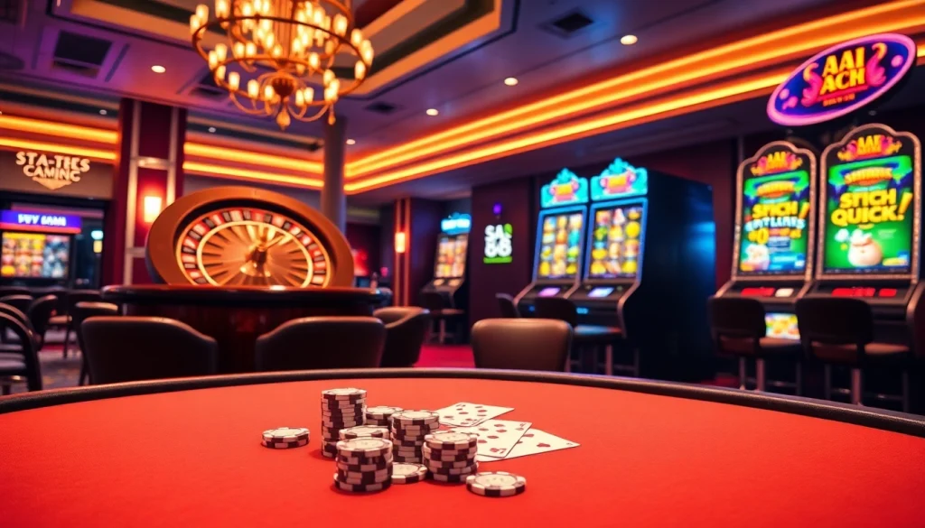 Engage in thrilling games at nhà cái sa88 with luxury casino visuals featuring poker tables and roulette wheels.