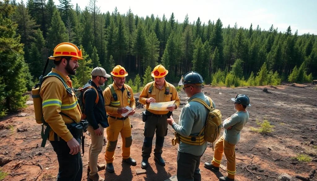 Engaging firefighting team strategizing during wildfire events in a forest setting.