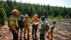 Engaging firefighting team strategizing during wildfire events in a forest setting.