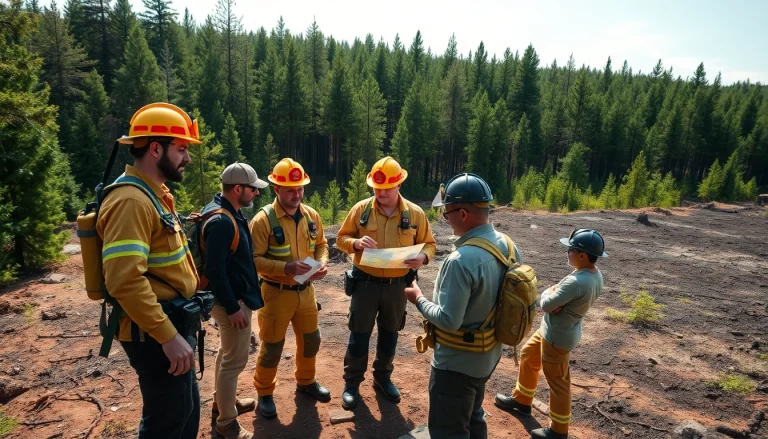 Engaging firefighting team strategizing during wildfire events in a forest setting.