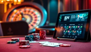 SHBET players engaging in a vibrant casino environment with poker and roulette.