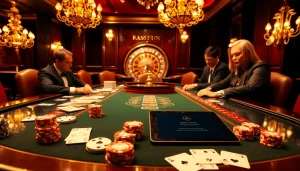 Gamblers strategizing at a luxurious poker table referencing the original hidden wiki.