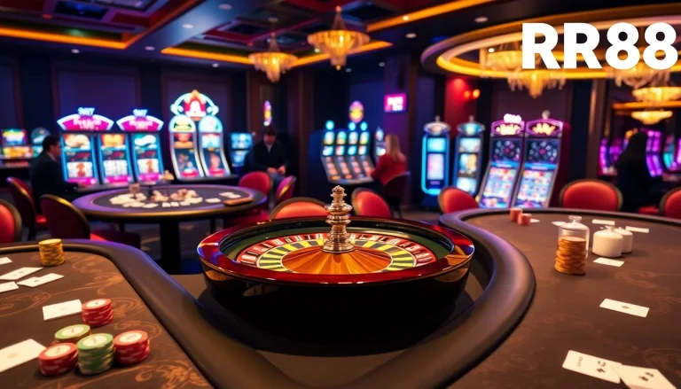 RR88 casino scene with poker tables, roulette wheel, and vibrant slot machines